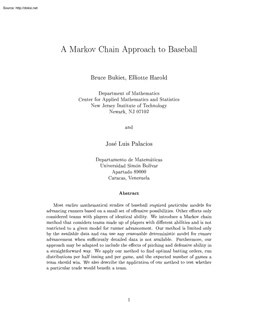 Bukiet-Harold - A Markov Chain Approach to Baseball