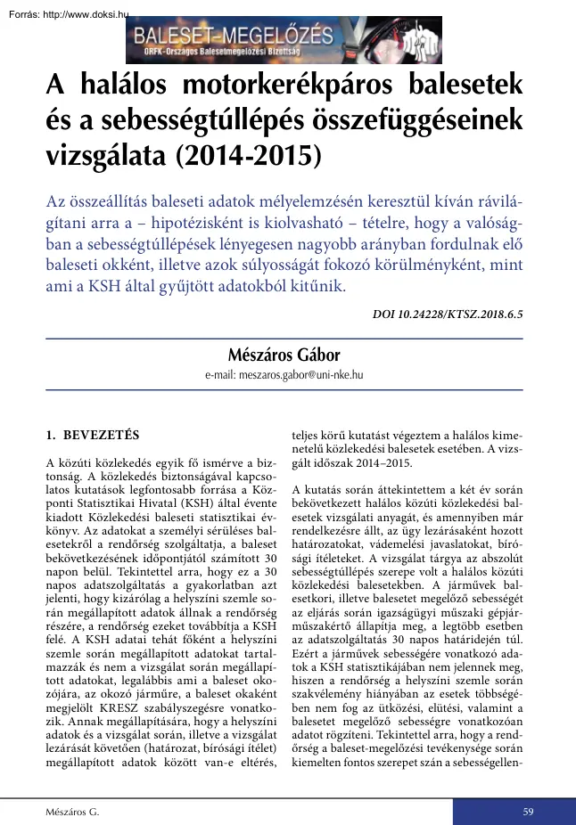 A halálos motorkerékpáros balesetek és a sebességtúllépés összefüggéseinek vizsgálata