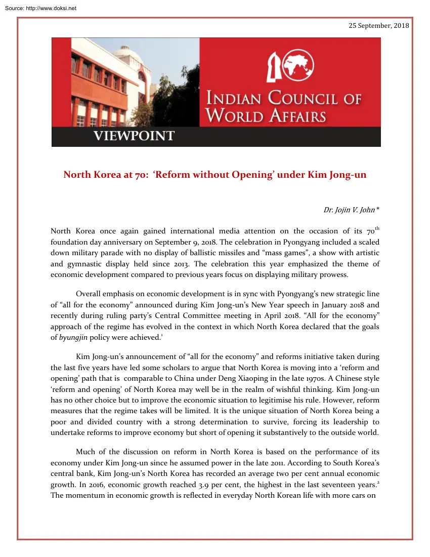 Dr. Jojin V. John - Reform without Opening under Kim Jong Un