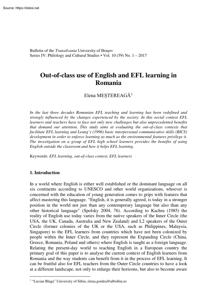 Elena Mestereaga - Out-of-class use of English and EFL learning in Romania