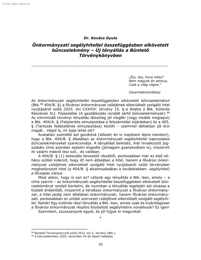 Dr. Kovács Gyula - Önkormányzati segélyhitellel összefüggésben elkövetett bűncselekmény