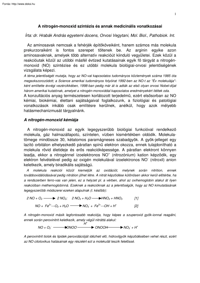 A nitrogén-monoxid szintézis és annak medicinális vonatkozásai