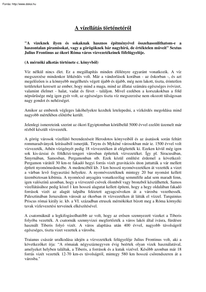 A vízellátás történetéről