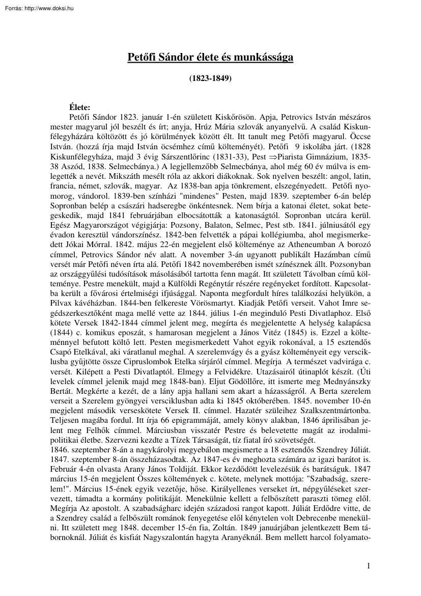 Petőfi Sándor élete és munkássága