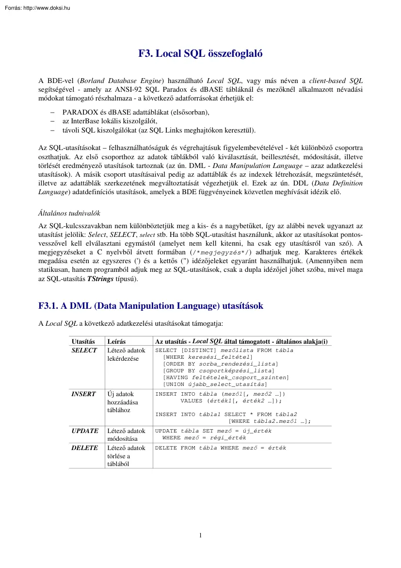 Interbase SQL összefoglaló