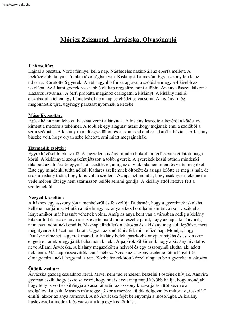 Móricz Zsigmond –, Árvácska, Olvasónapló