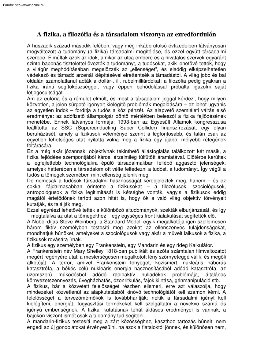 Abaffy László - A fizika, a filozófia és a társadalom viszonya az ezredfordulón