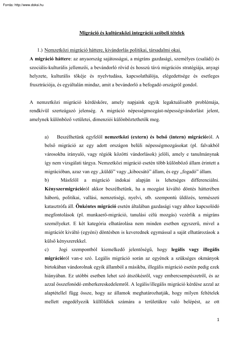 Migráció és kultúraközi integráció szóbeli tételek