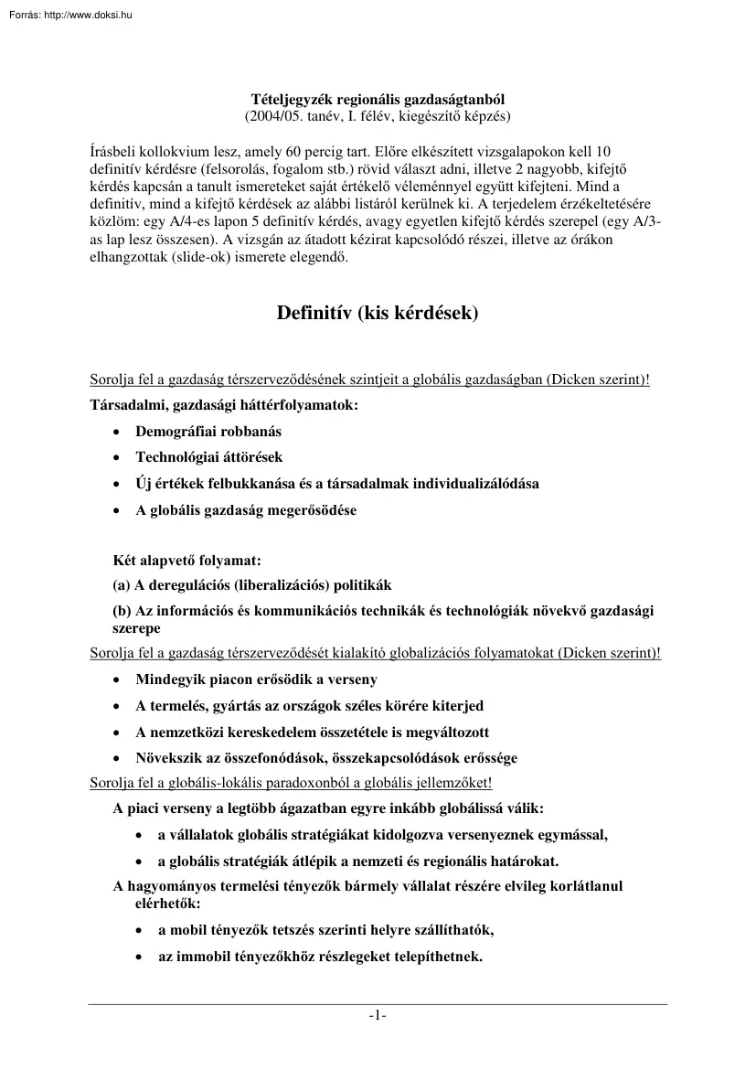 Regionális gazdaságtan tételek, 2004