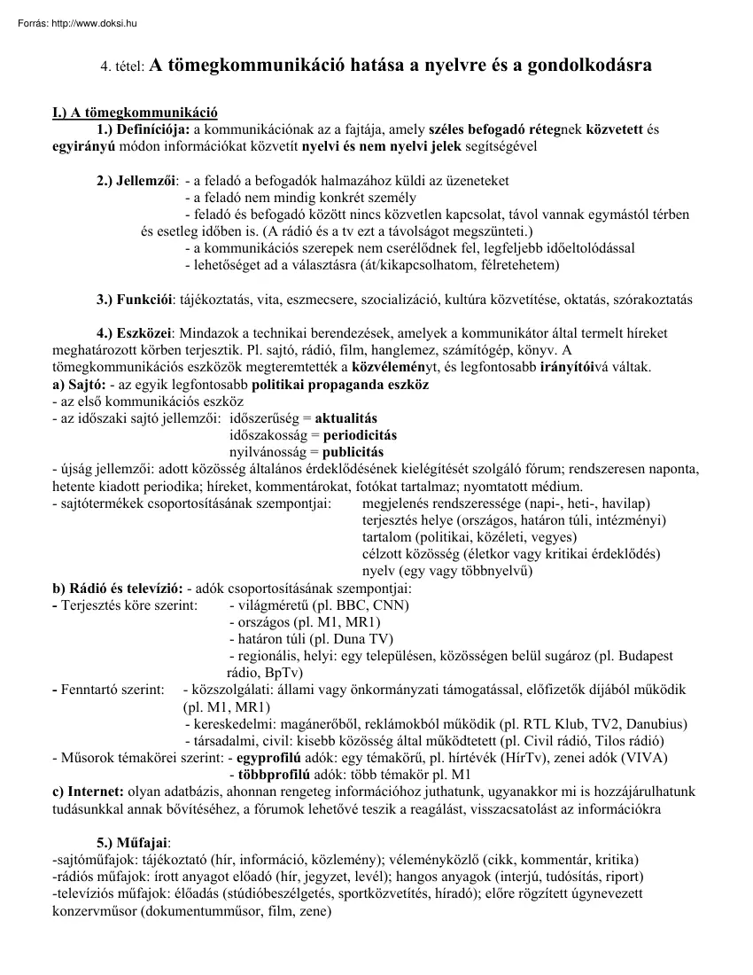 A tömegkommunikáció hatása a nyelvre és a gondolkodásra