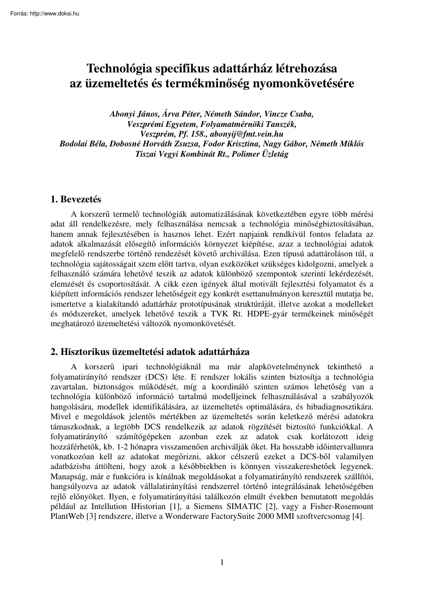 Abonyi-Árva-Németh - Technológia specifikus adattárház létrehozása az üzemeltetés és