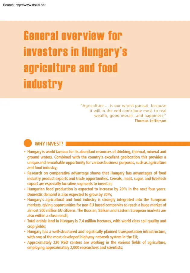 General Overview for Investors in Hungarys Agriculture and Food Industry