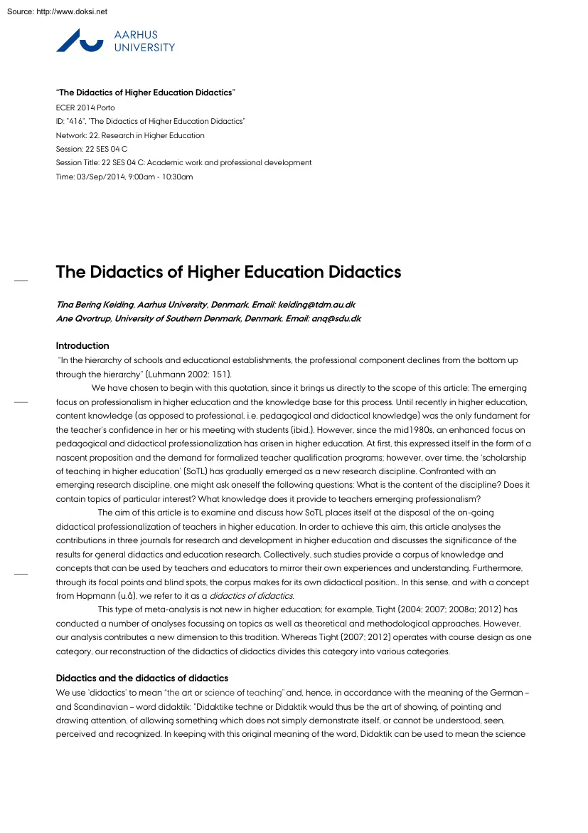 Keiding-Qvortrup - The Didactics of Higher Education Didactics