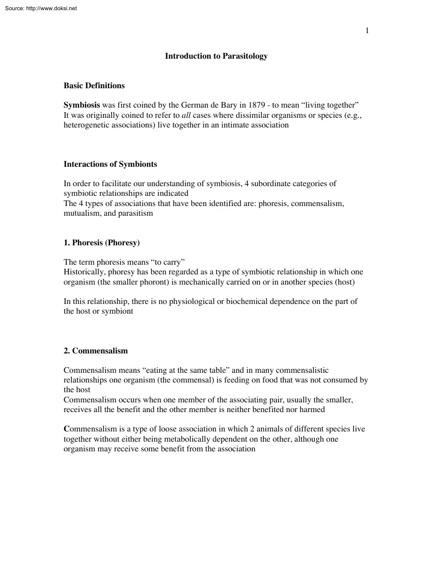 Introduction to Parasitology