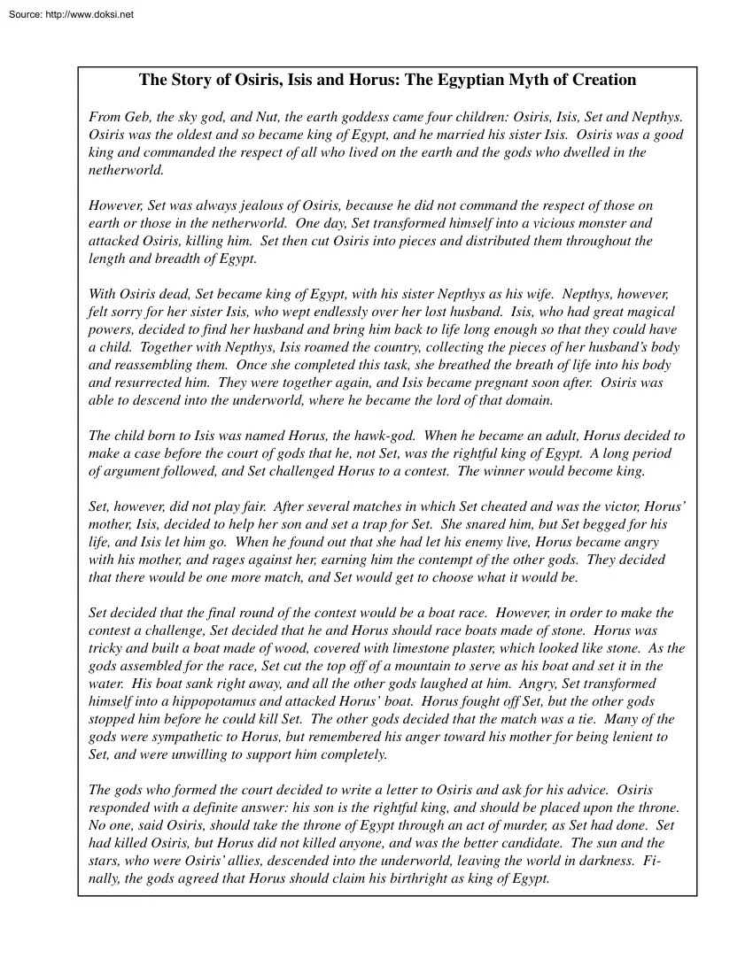 The Story of Osiris, Isis and Horus The Egyptian Myth of Creation