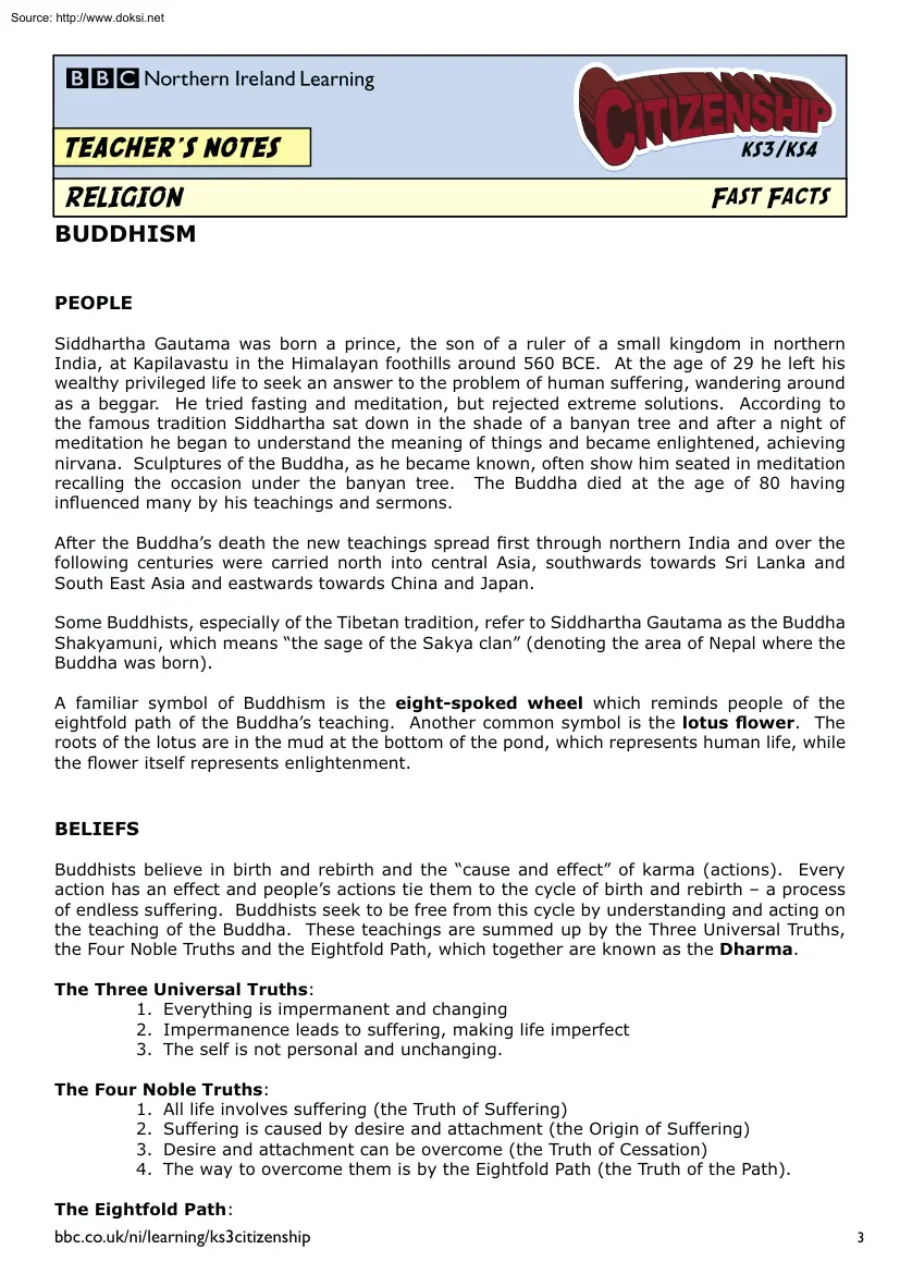 Buddhism, Teacher Notes