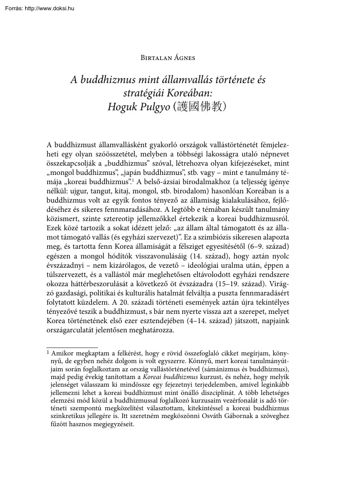 Birtalan Ágnes - A buddhizmus mint államvallás története es stratégiái Koreában