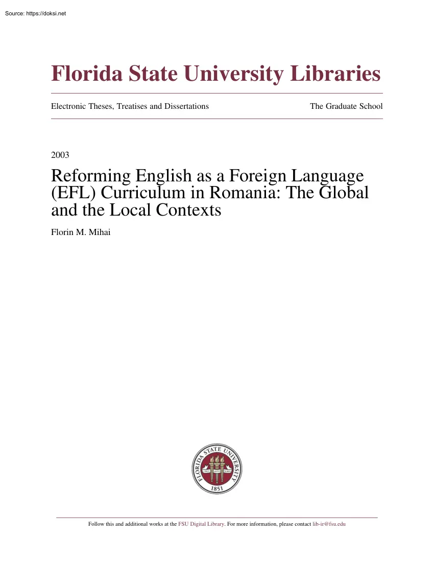 Florin M. Mihai - Reforming English as a Foreign Language Curriculum in Romania, The Global and the