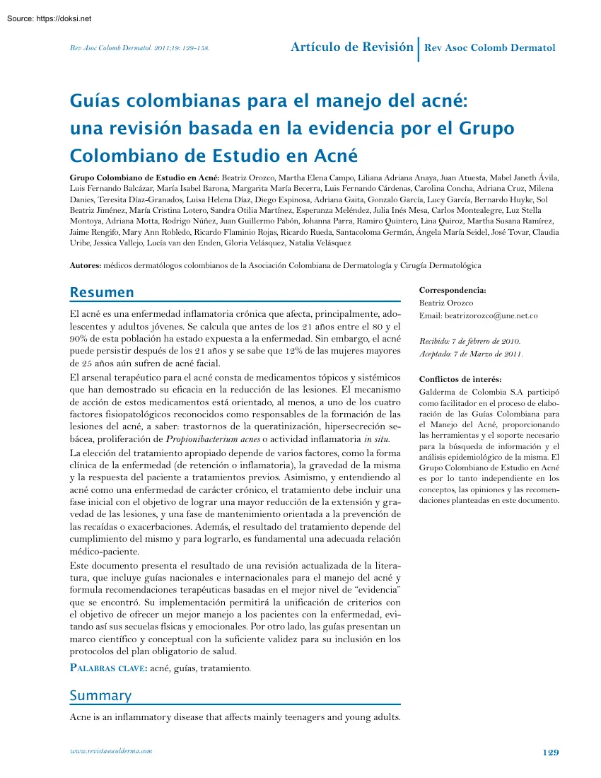 Guías Colombianas Para el Manejo del Acné, Una Revisión Basada en la Evidencia por el Grupo