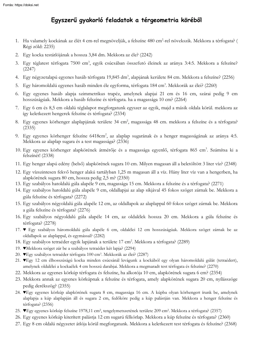 Egyszerű gyakorló feladatok a térgeometria köréből