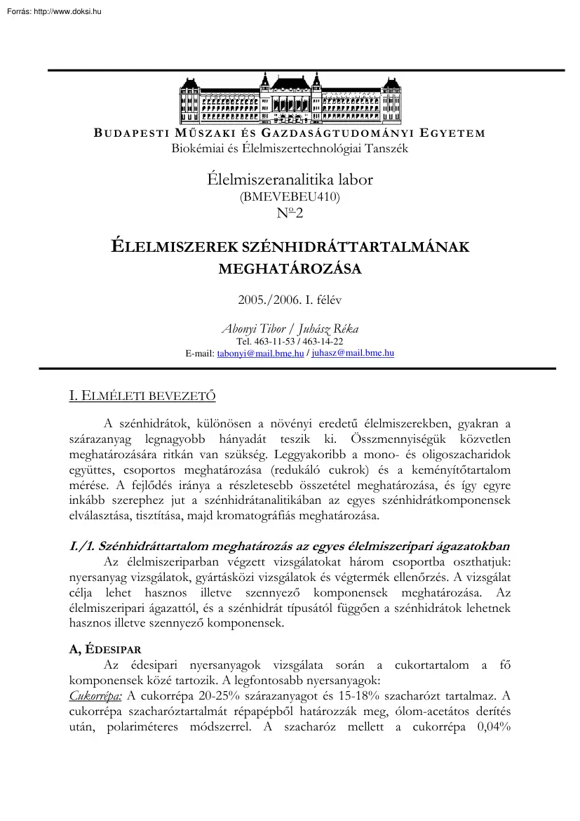 Abonyi-Juhász - Élelmiszerek szénhidráttartalmának meghatározása