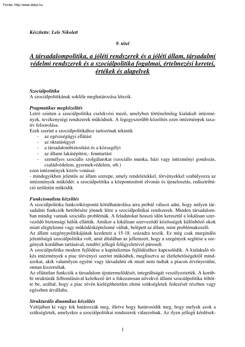 A társadalompolitika, a jóléti rendszerek és a jóléti állam, társadalmi védelmi rendszerek