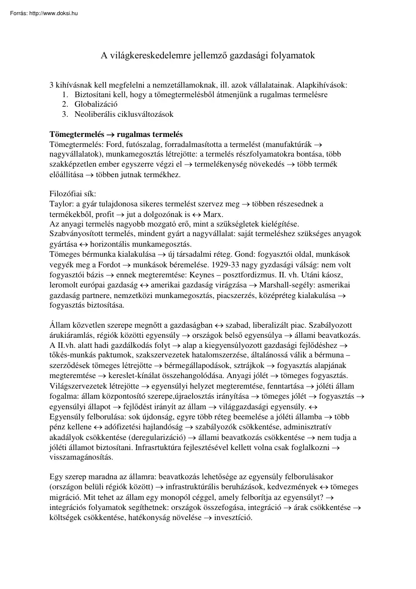 A világkereskedelemre jellemző gazdasági folyamatok