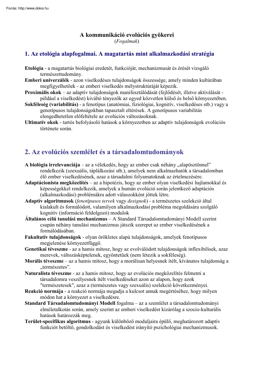 A kommunikáció evolúciós gyökerei, fogalmak