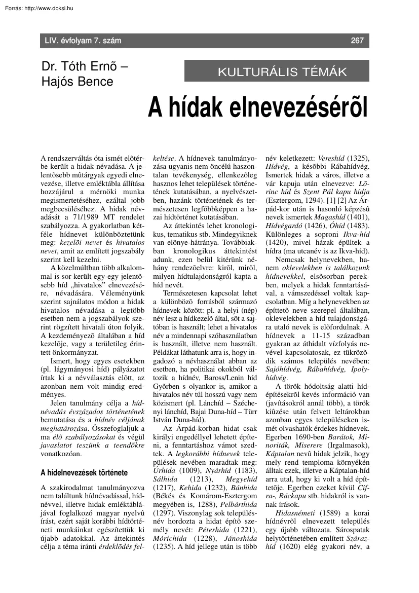 Dr. Tóth-Hajós - A hídak elnevezéséről