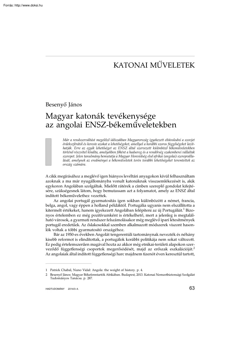 Besenyő János - Magyar katonák tevékenysége az angolai ENSZ-békeműveletekben
