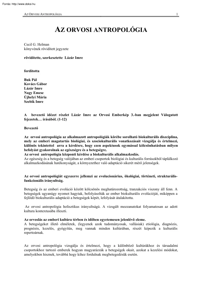 Lázár Imre - Orvosi antropológia, Cecil G. Helman könyvének rövidített jegyzete
