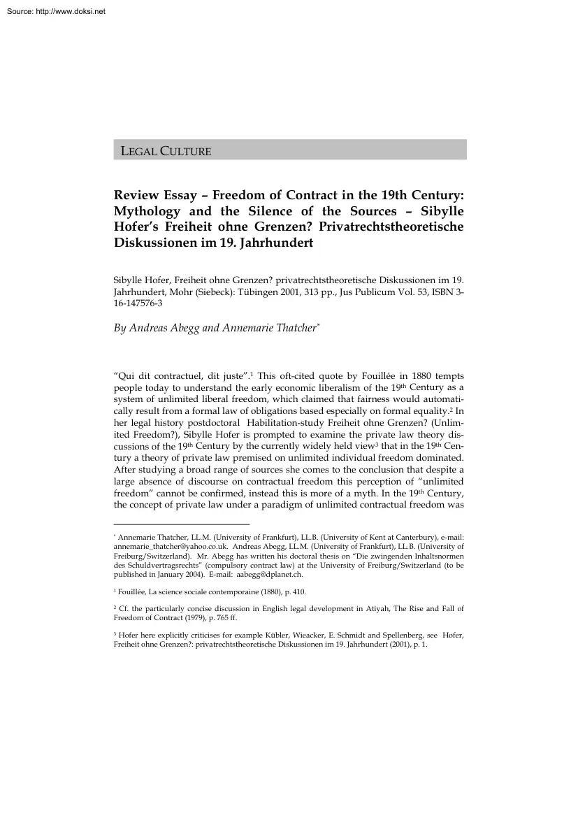 Abegg-Thatcher - Review Essay, Freedom of Contract in the 19th Century, Mythology and the Silence