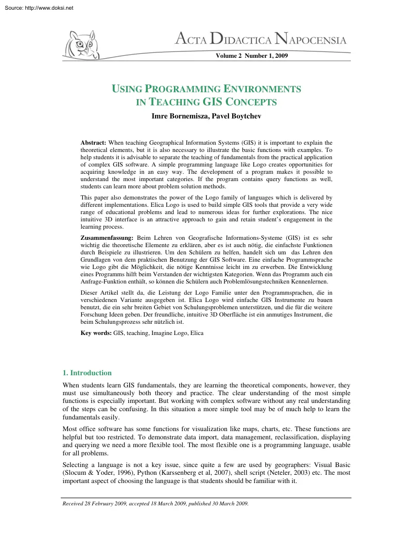 Bornemisza-Boytchev - Using Programming Environments in Teaching GIS Concepts