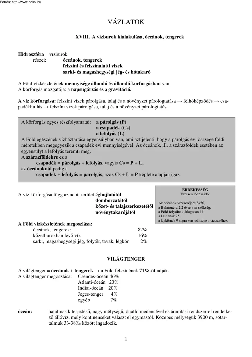 A vízburok kialakulása, óceánok, tengerek