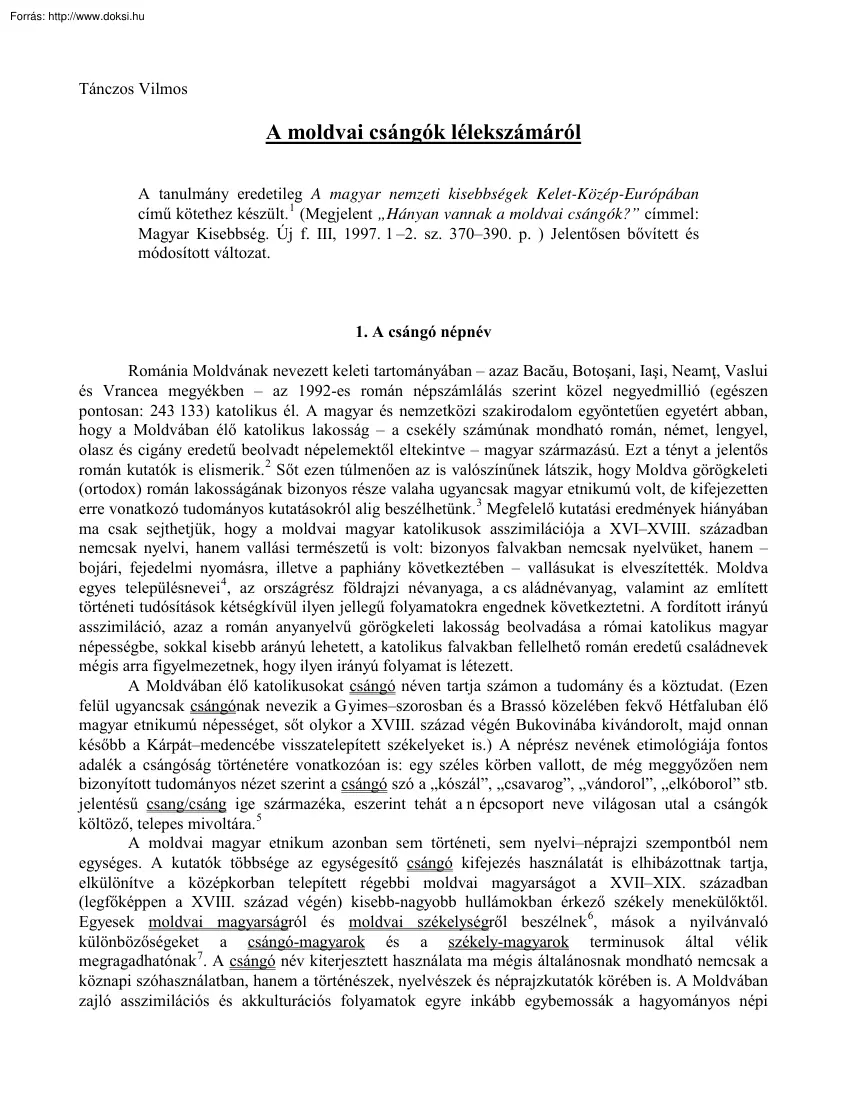 Tánczos Vilmos - A moldvai csángók lélekszámáról