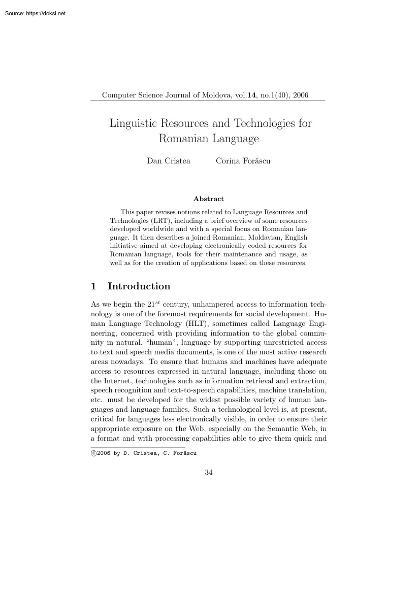Forascu-Cristea - Linguistic Resources and Technologies for Romanian Language