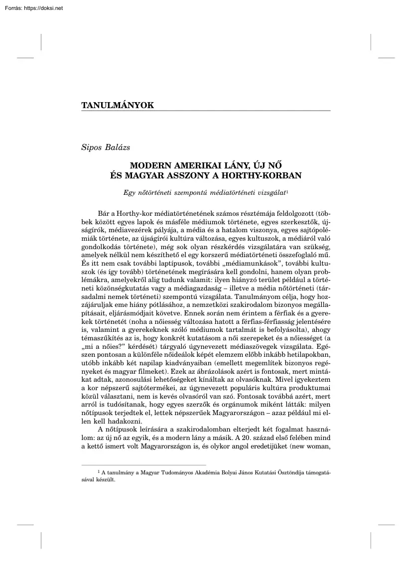 Sipos Balázs - Modern amerikai lány, új nő és magyar asszony a Horthy-korban