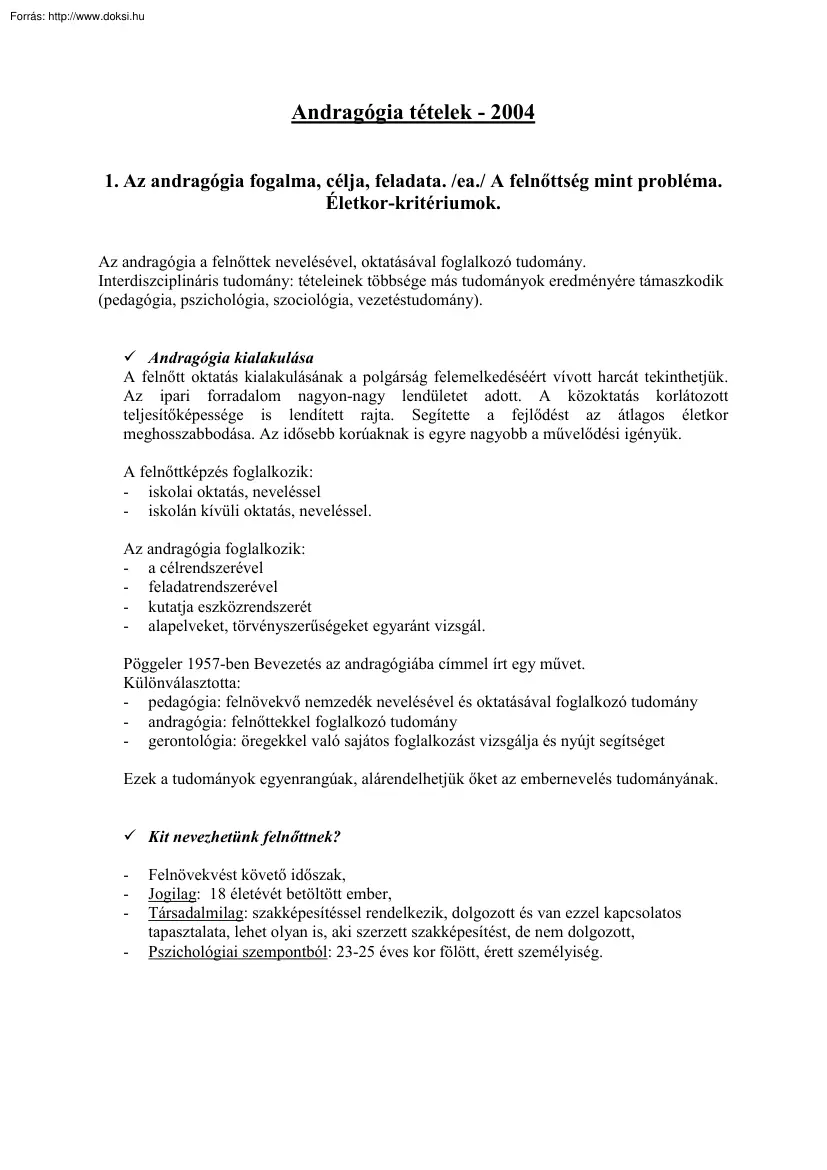 Andragógia tételek, 2004