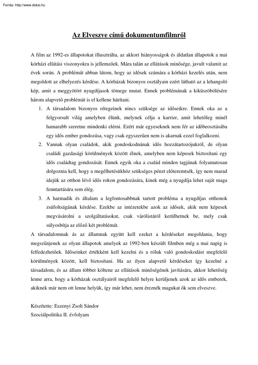 Eszenyi Zsolt Sándor - Az Elveszve című dokumentumfilmről