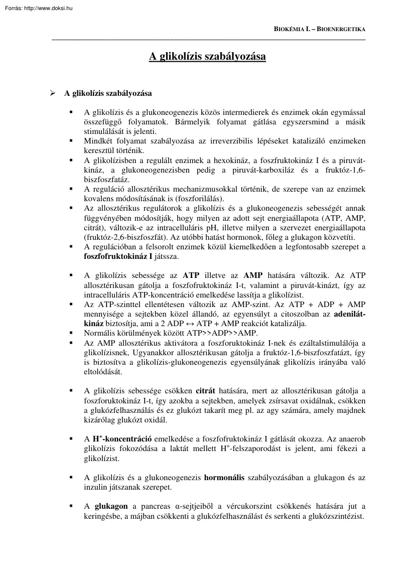 A glikolízis szabályozása
