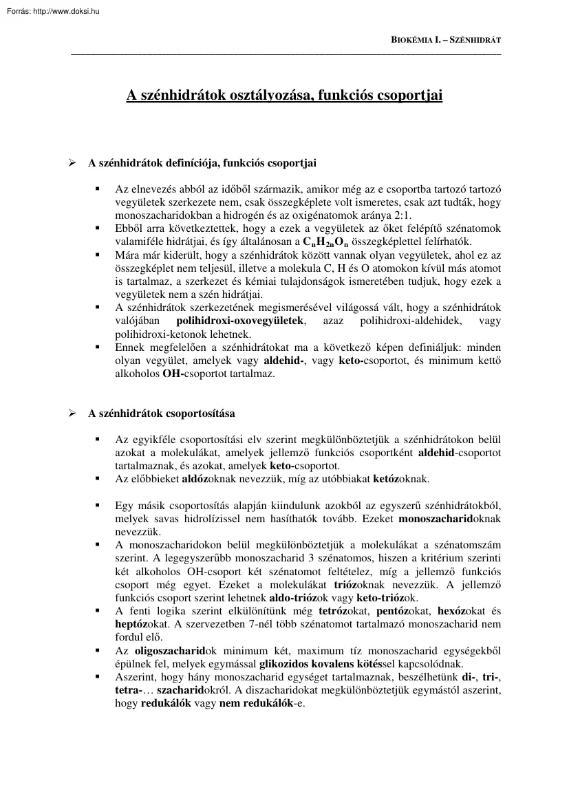 A szénhidrátok osztályozása, funkciós csoportjai