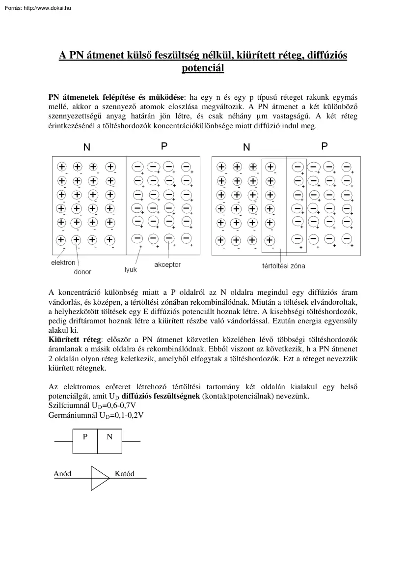 A PN átmenet külső feszültség nélkül, kiürített réteg, diffúziós potenciál