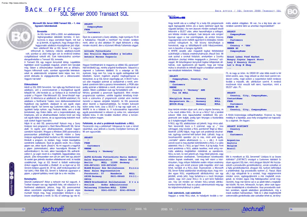A Microsoft SQL Server 2000 és a Transact SQL