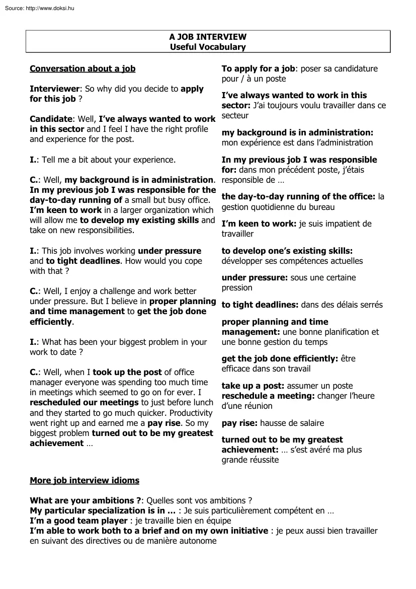 A job interview, useful vocabulary