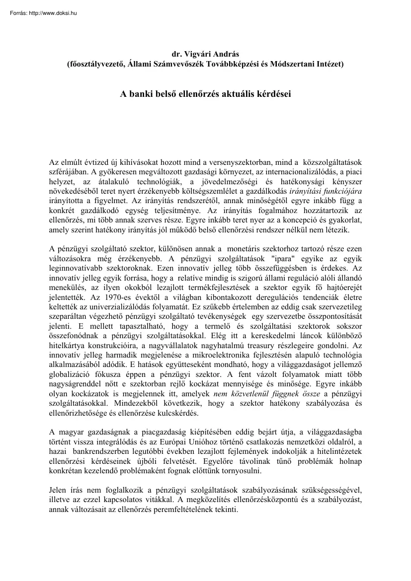 Dr. Vigvári András - A banki belső ellenőrzés aktuális kérdései