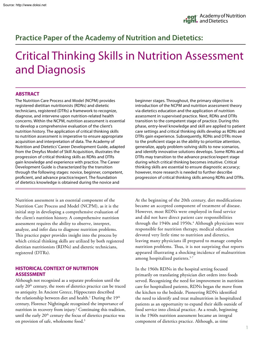 Critical Thinking Skills in Nutrition Assessment and Diagnosis