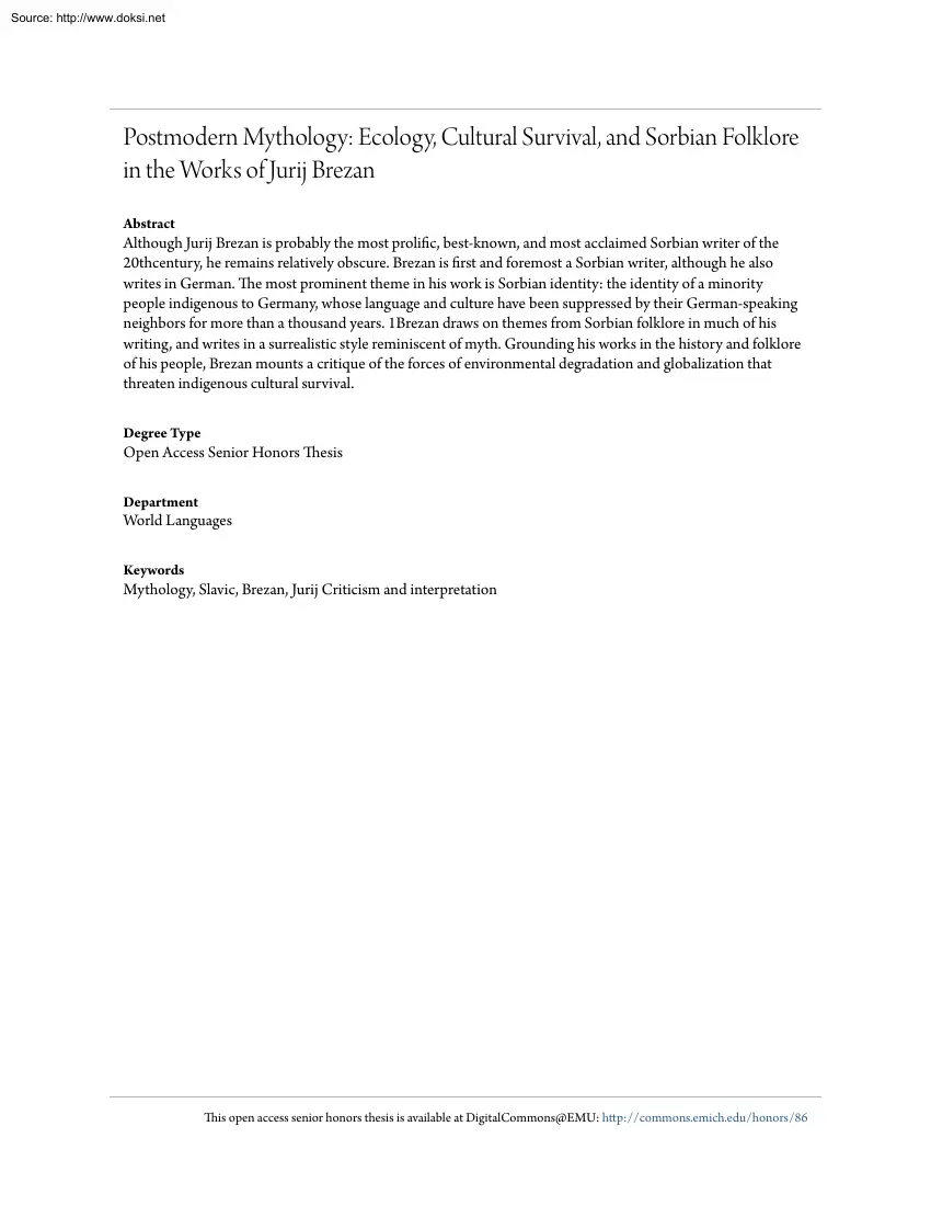 Adrienne Eva Muncy - Postmodern Mythology, Ecology, Cultural Survival, and Sorbian Folklore in the