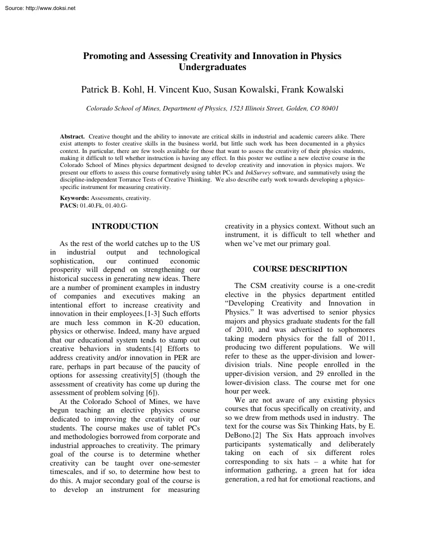 Kohl-Kuo-Kowalski - Promoting and Assessing Creativity and Innovation in Physics Undergraduates