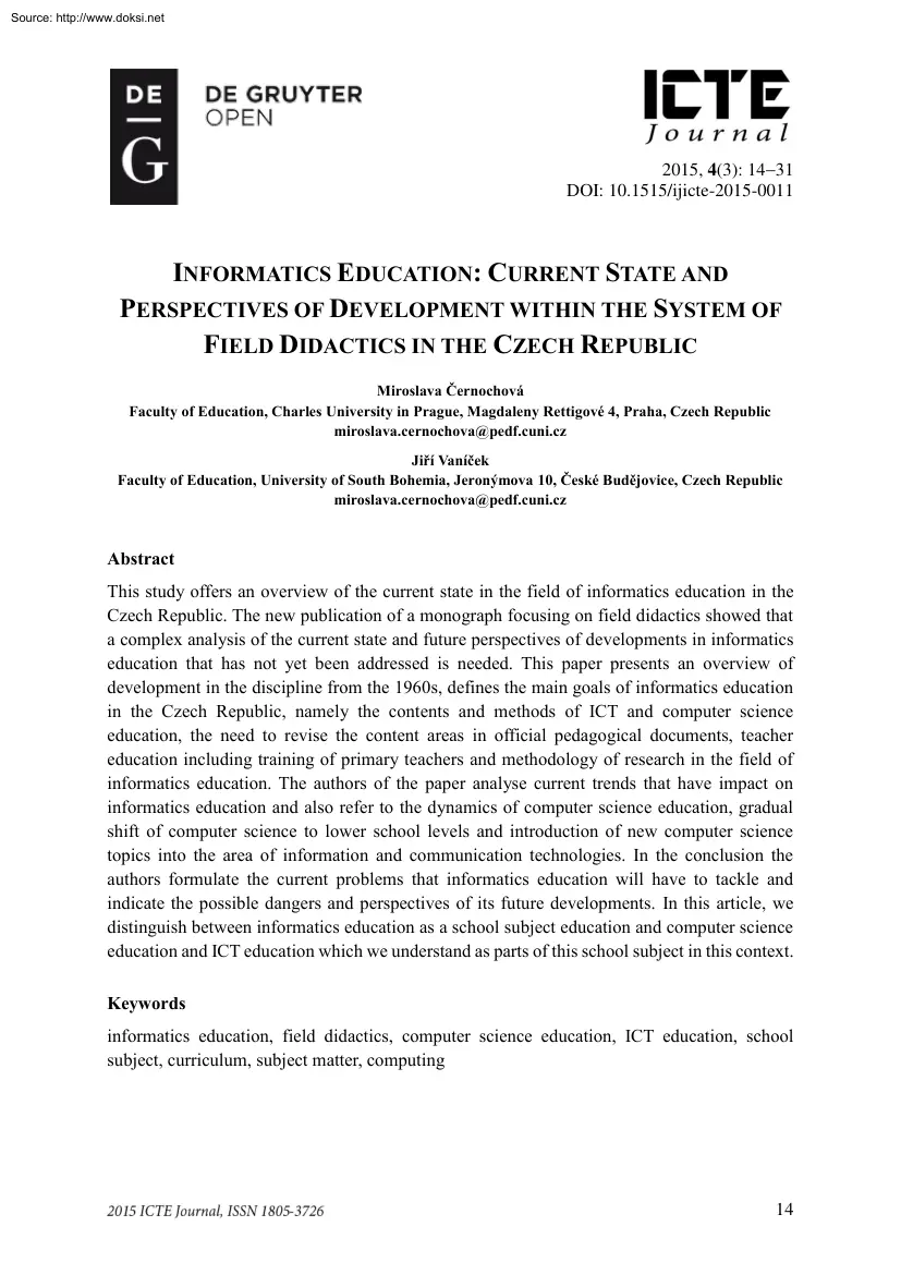 Cernochová-Vanícek - Current State and Perspectives of Development within the System of Field