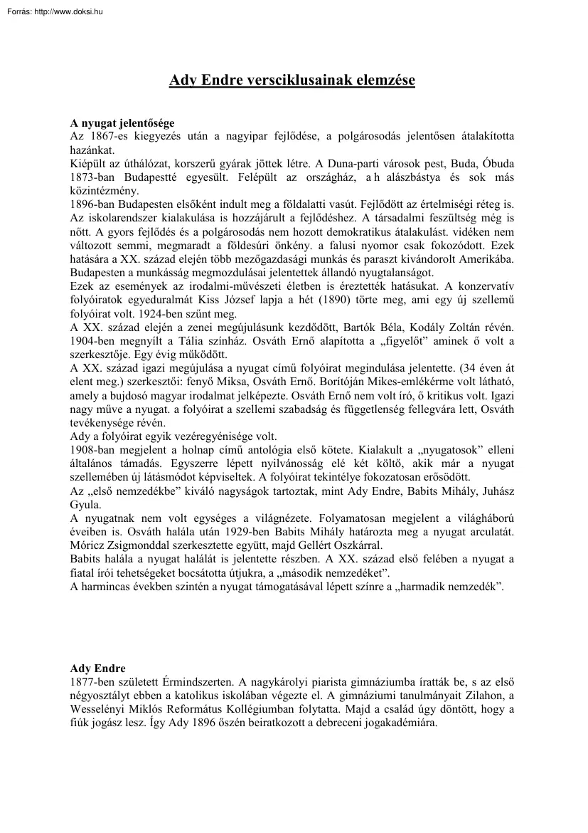 Ady Endre versciklusainak elemzése